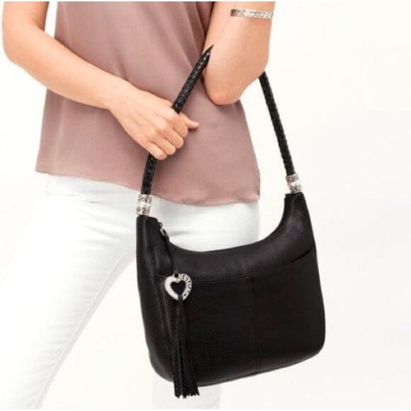 Brighton Barbados Ziptop Hobo Shoulder Bag Black Pebbled Leather Authentic - Picture 15 of 16